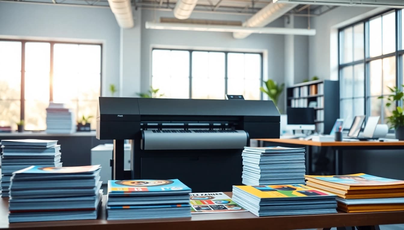 Showcasing budget printing technology in a vibrant, modern workspace.