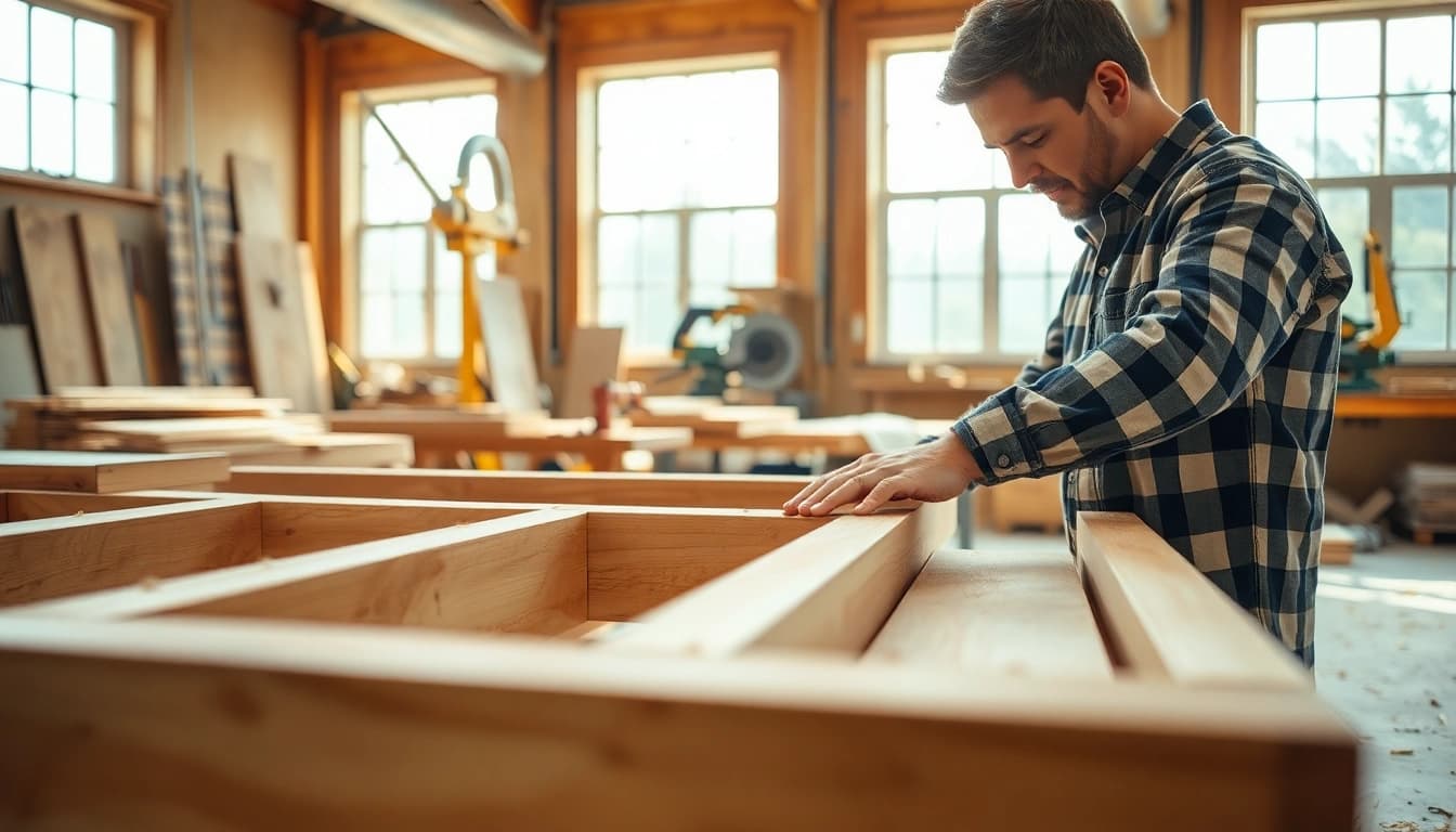 Carpentry apprenticeship: A carpenter measuring wood with tools in a bright workshop.