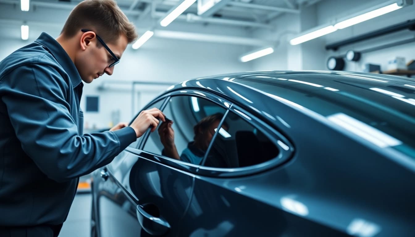 Enhance your ride with ceramic window tint applied by a skilled technician in a bright workshop.