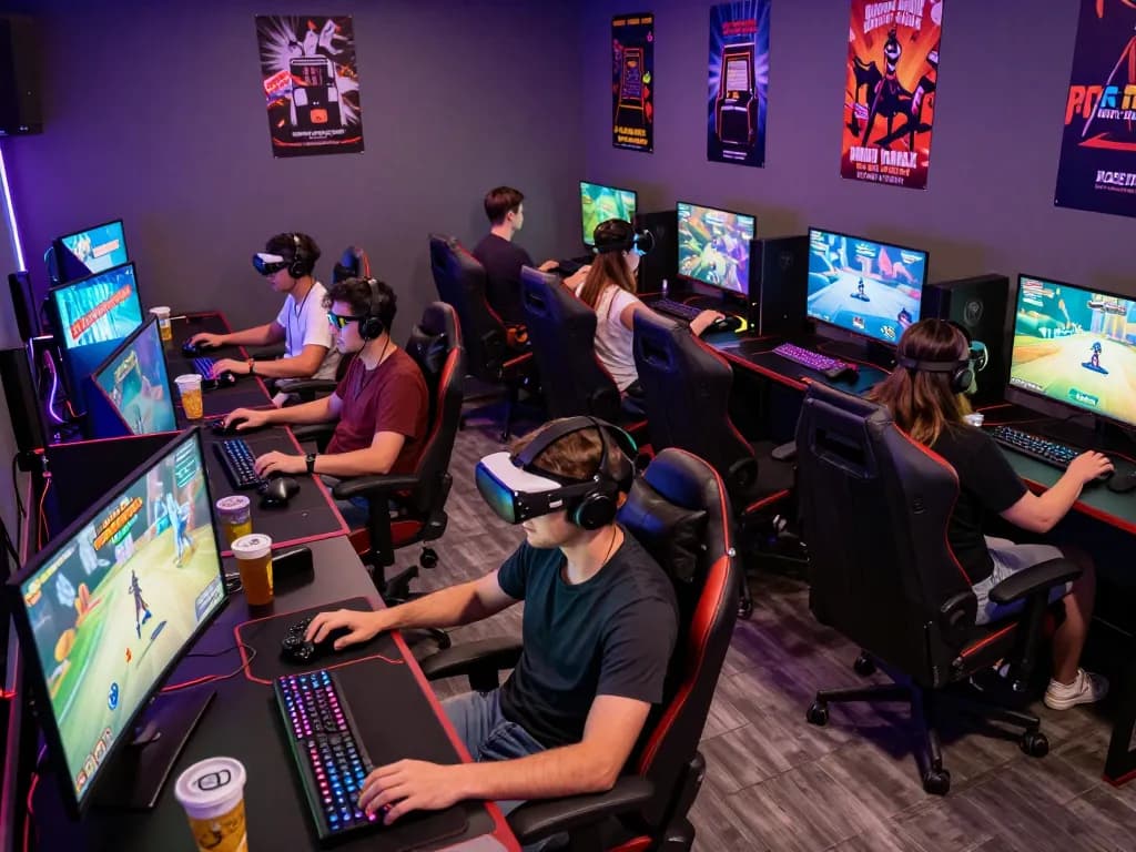 Group enjoying porn games online at a vibrant gaming café.