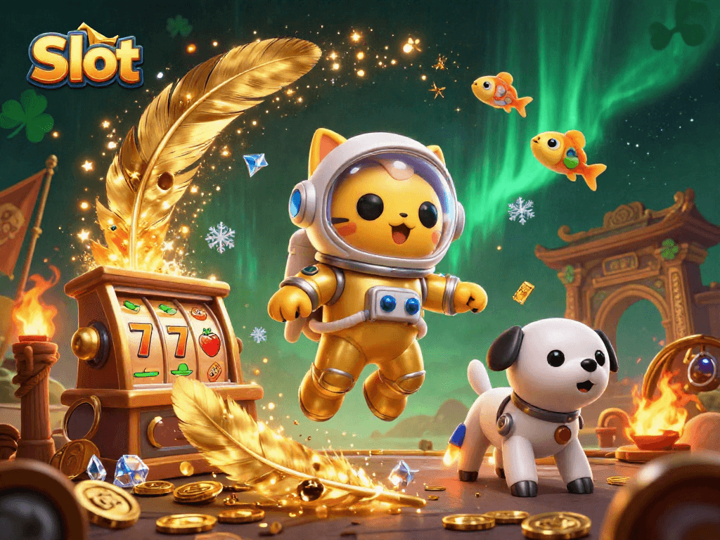 Experience thrilling Slot action with a 3D cartoon astronaut cat and dynamic elements in an exciting casino scene.