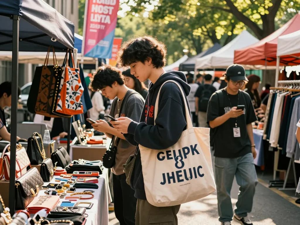 Engaging shopping scene showcasing 레플리카 사이트 with young adults exploring trendy replica items in a vibrant market atmosphere.