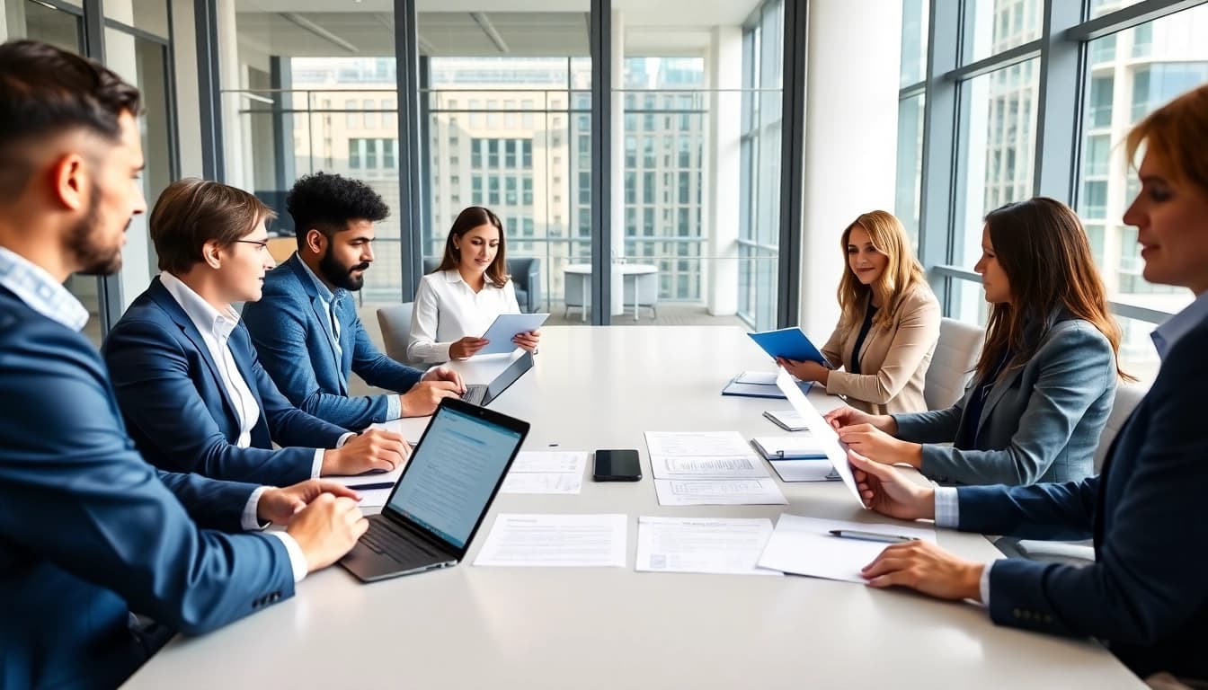 Discussing contracts and grants during a vibrant business meeting in a modern office.