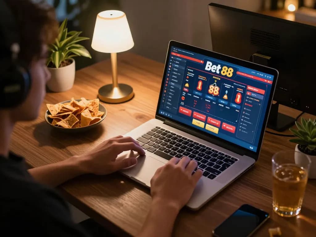 Player engaging with Bet 88 casino games on a laptop in a cozy home setting.