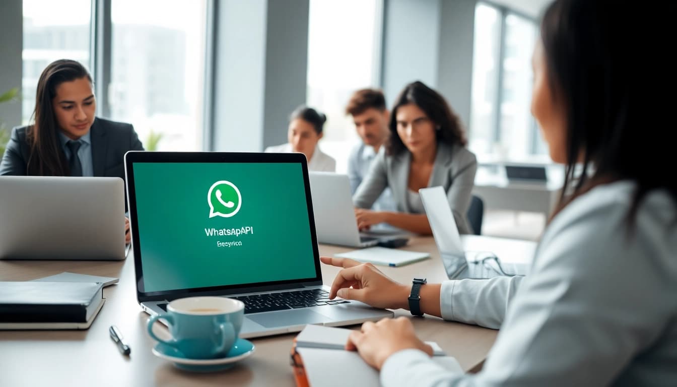 Showcasing a team collaborating on WhatsApp API integration in a modern workspace.