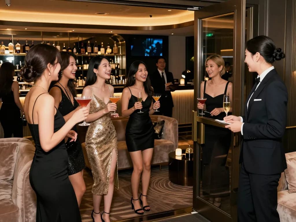 Gangnam쩜오 luxury nightlife scene with friends enjoying drinks in an upscale lounge atmosphere.