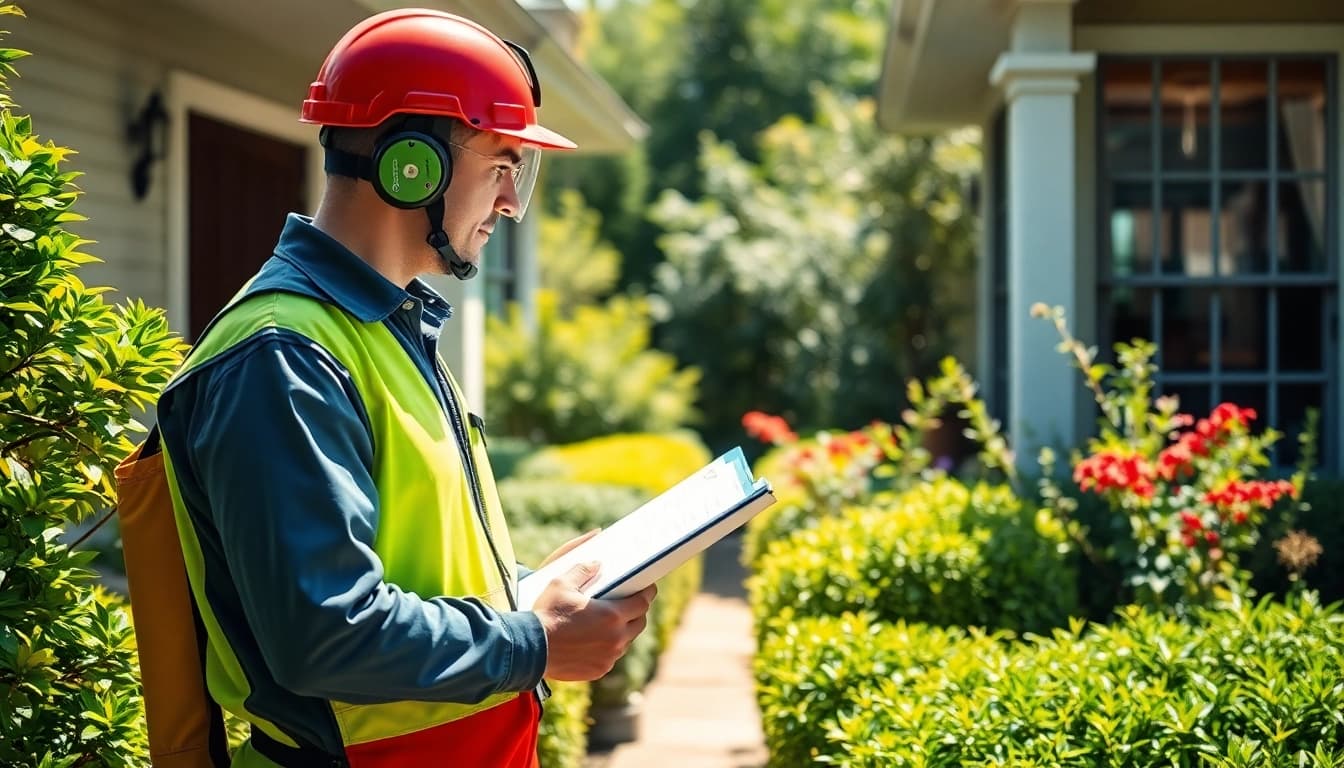 Quarterly pest service review by pest control technician inspecting home entrance.