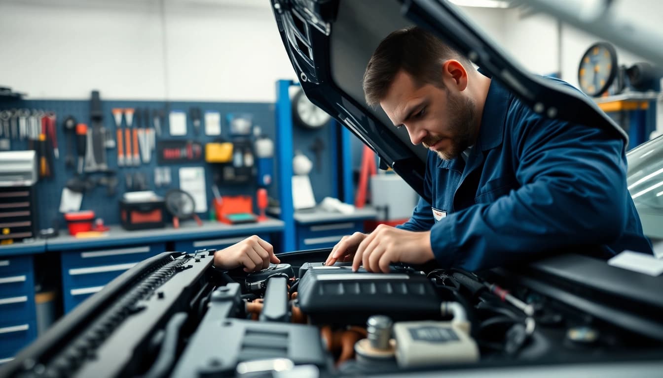 Werkstatt nahe Hauptbahnhof Berlin zeigt Mechaniker bei der Arbeit an einem Auto-Motor.