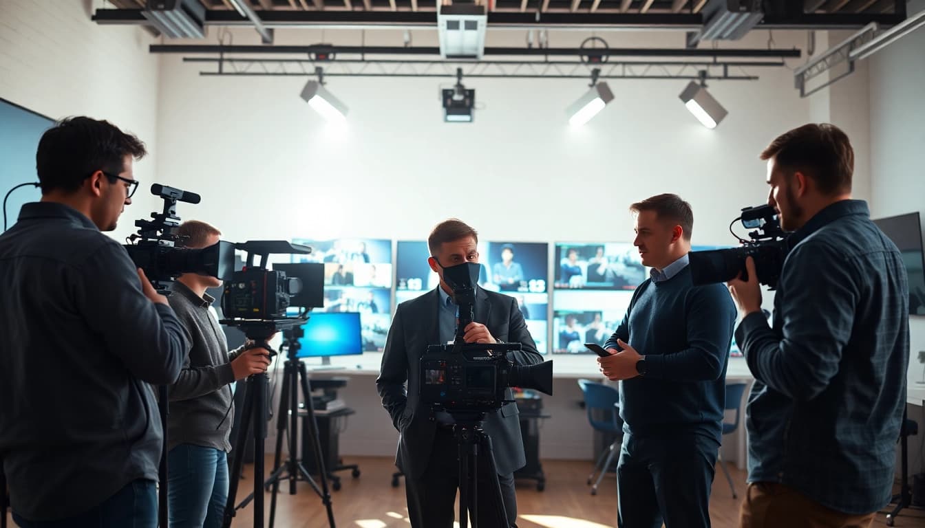 Engaged team at a Video Production Company Phoenix collaborating in a vibrant studio environment.