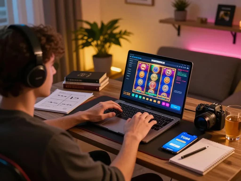 TG88 user enjoying online casino games on laptop, showcasing a relaxing gaming setup.