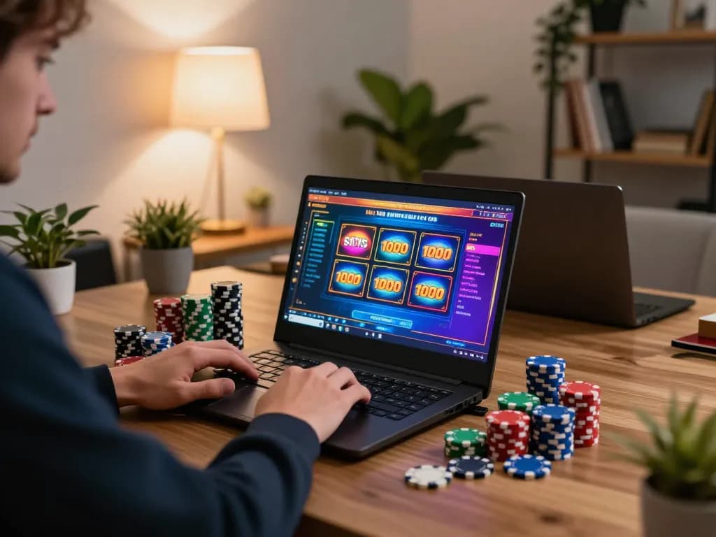 Situs depo 1000 player engaging with colorful slot games online, showcasing responsible gaming.