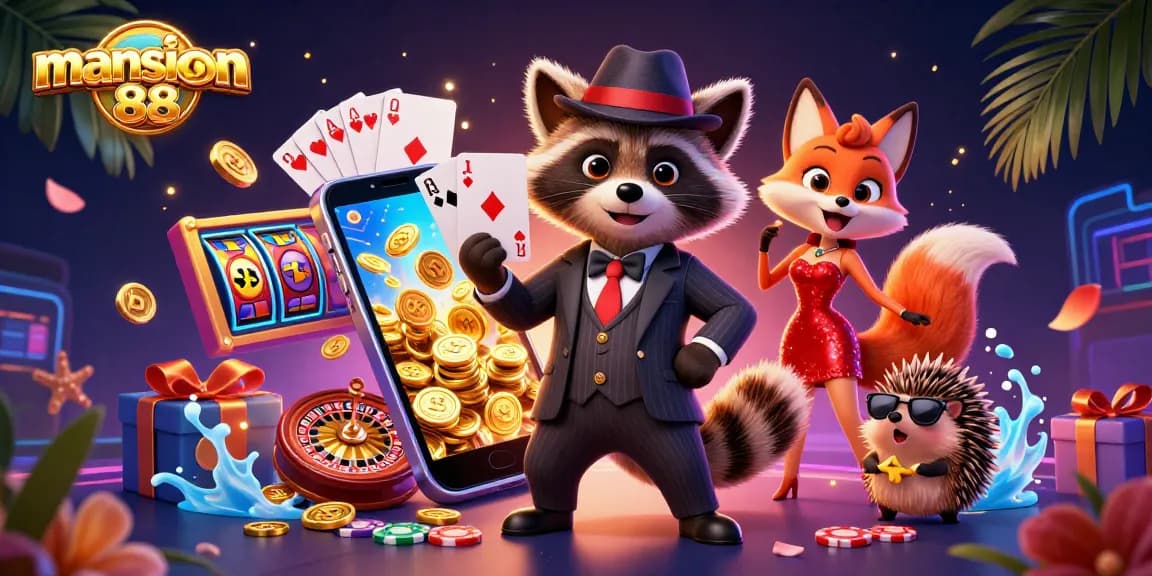 Experience mansion88 with a chic raccoon and a glamorous fox in a vibrant casino scene.