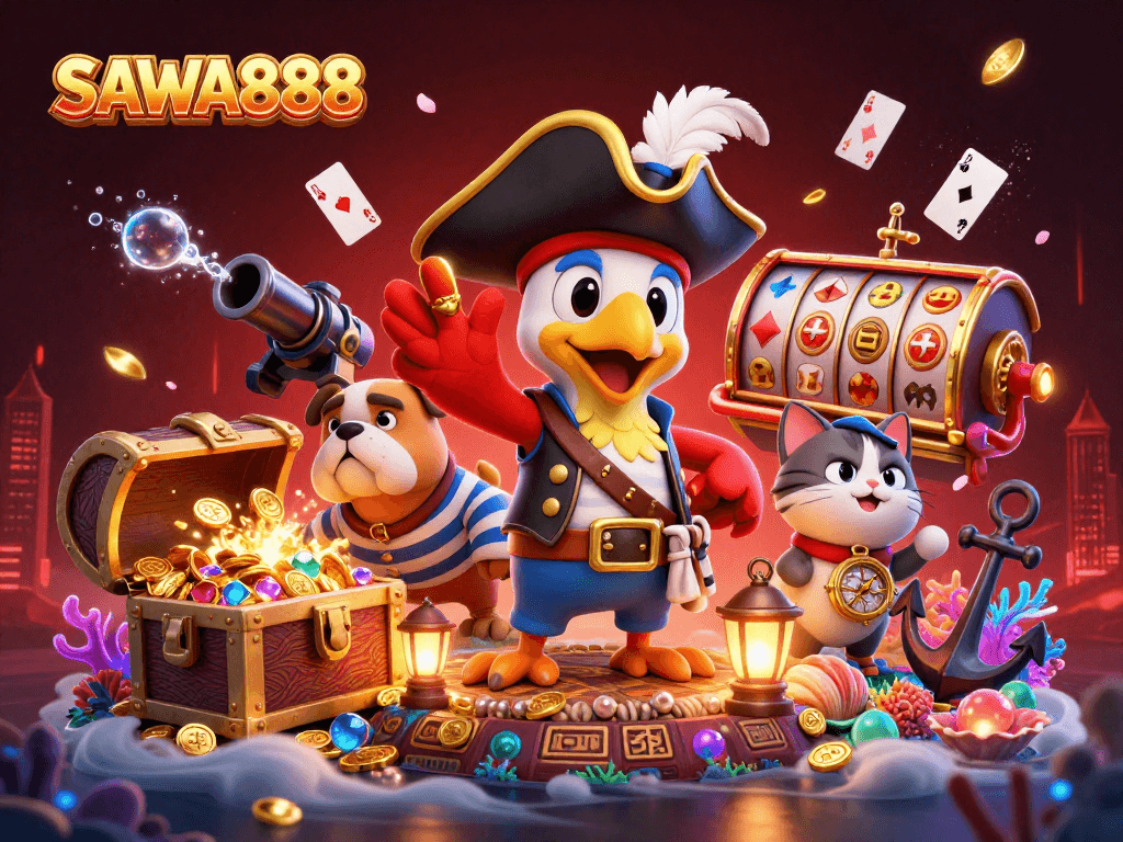 Unleash winning strategies with SAWA888 in an exciting casino scene featuring dynamic colorful characters.