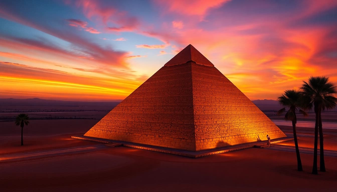 Pyraminds illuminated by sunset, showcasing textured stone facade against a dramatic sky.