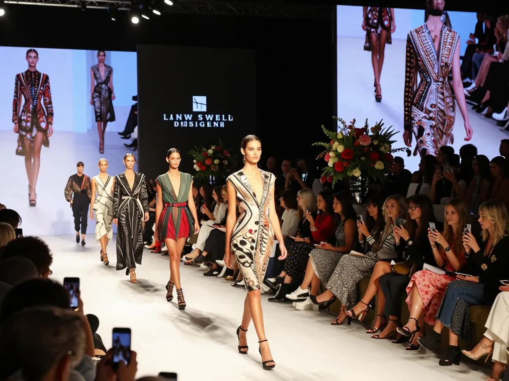 Exciting runway show featuring models in avant-garde designs and a glamorous audience.