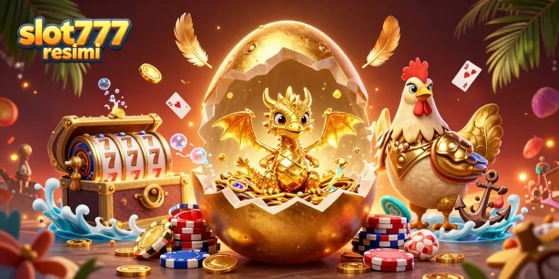 Experience excitement with slot777 resmi featuring a golden dragon and poker chips amidst dynamic casino elements.