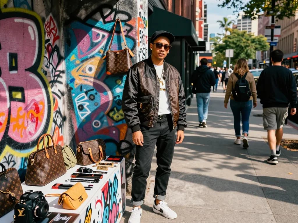 Stylish individual showcasing fashionable 레플리카 items in an urban setting