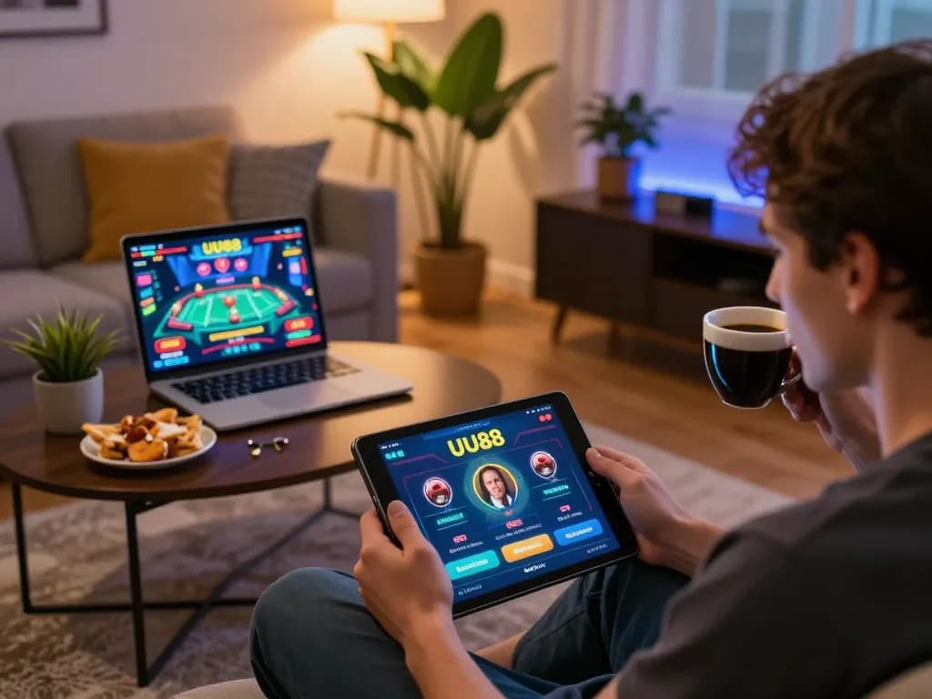 Engaging with the UU88 okwin casino app on a tablet, in a cozy home setting, showcasing responsible gambling.