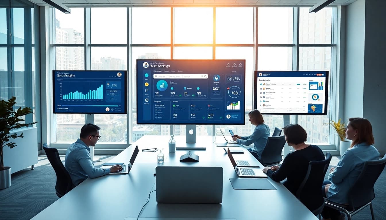 Showcase enterprise search tools in action in a modern office setting, highlighting productivity and collaboration.