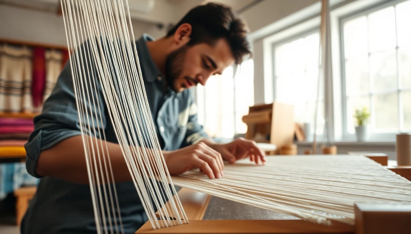 Verken hoogwaardige linnen stoffen met rijke texturen en handwerk uit een ambachtelijke werkplaats.