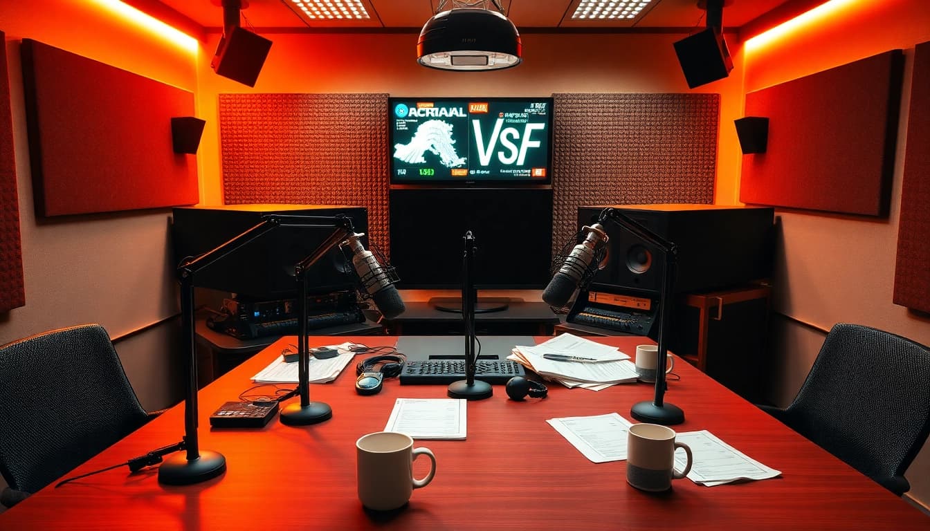 Engaging radio broadcasting setup at hometownstation.com with vibrant lighting and sound equipment.