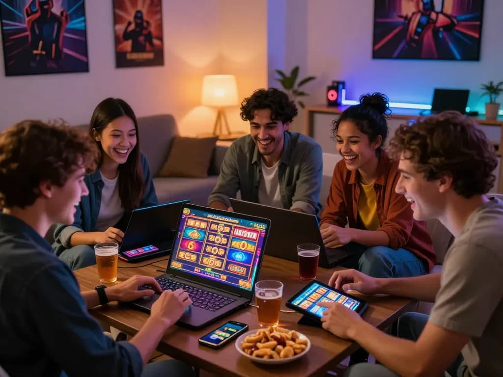 Friends enjoying slot gacor hari ini in a lively gaming night with laptops and snacks.