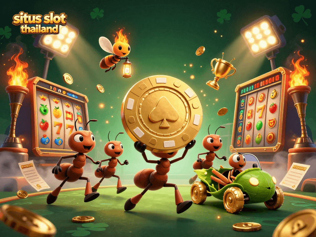 Engaging scene depicting the lively world of situs slot thailand with vibrant ants, slot reels, and gold elements.