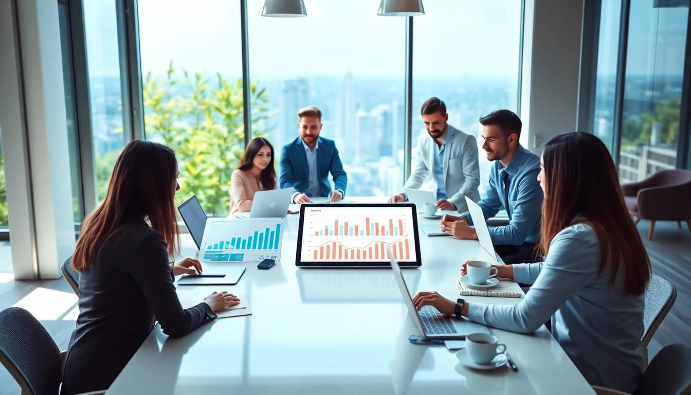 SEO company professionals strategizing in a bright office setting with modern technology.