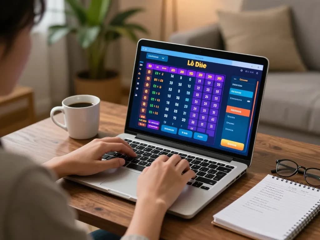 Lô đề online gaming setup with player using laptop, vibrant game display, and cozy home atmosphere for responsible betting