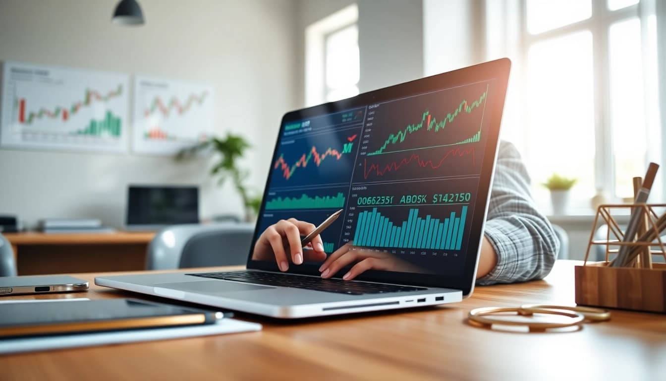 Analyze the APO stock price in a modern financial office setting with charts and laptops.