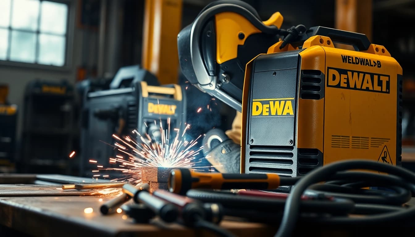A DeWalt welding machine expertly welding metal pieces in a professional workshop setting.