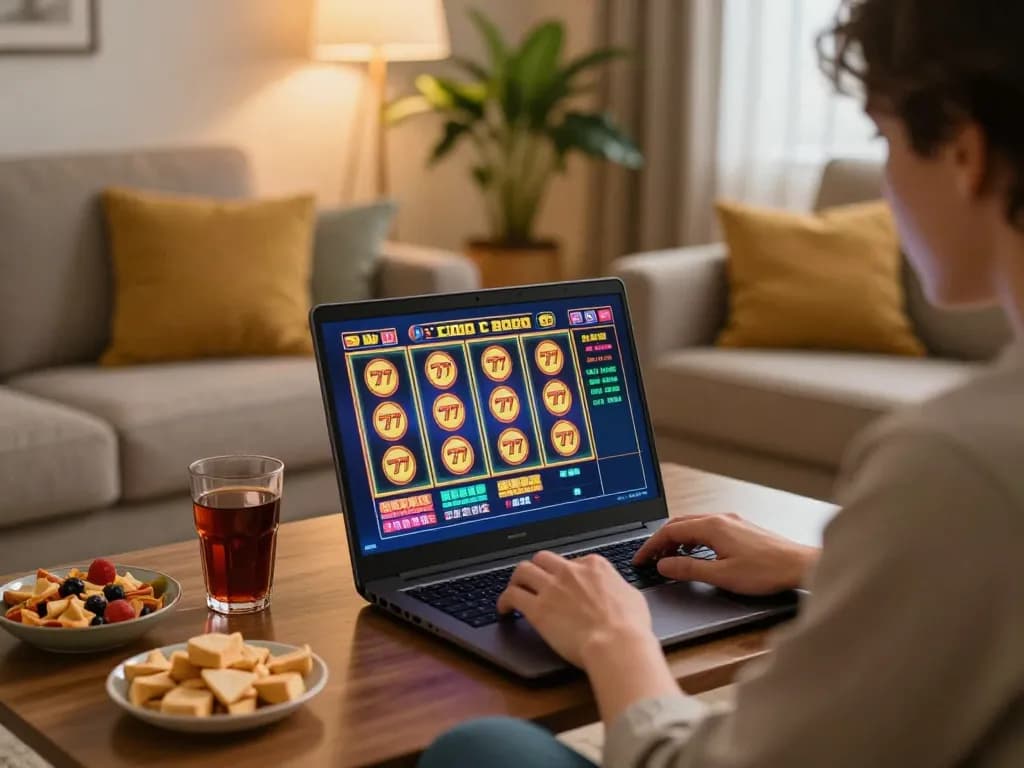 Person playing slot77 online in cozy home setup, showing excitement and engagement.