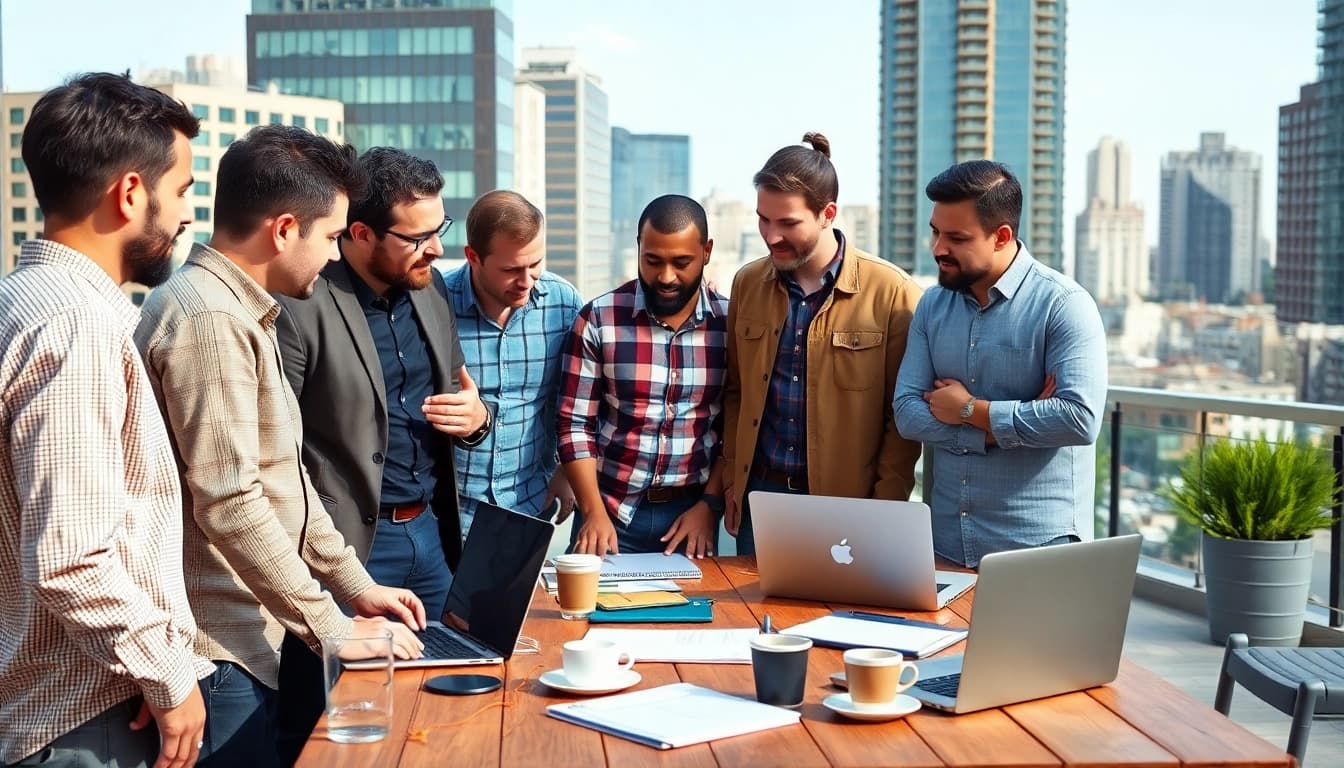 Men on mission collaborating in an outdoor workspace, promoting teamwork.
