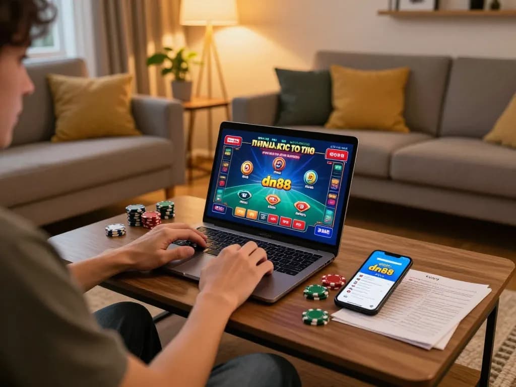 Engaged gamer using đăng ký dn88 app on smartphone while playing online poker at home.