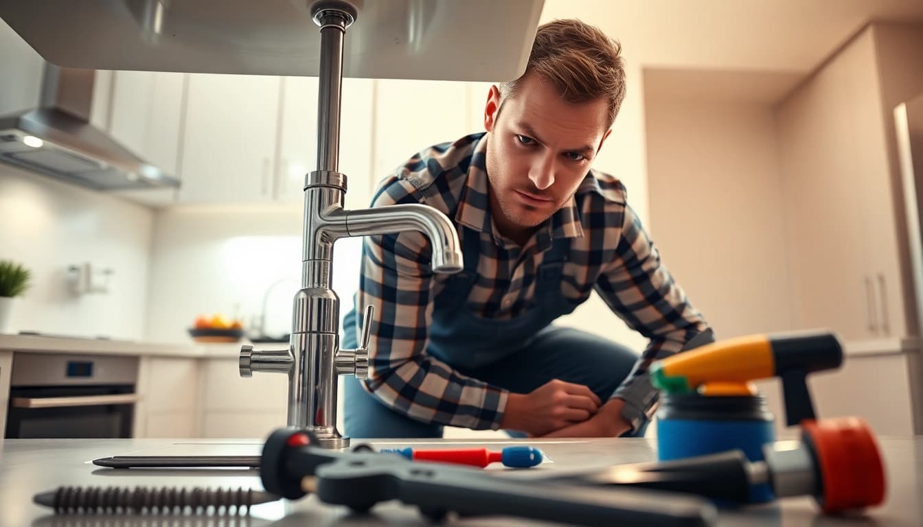 Find a reliable plumber near me fixing a faucet with expertise in a modern kitchen setting.