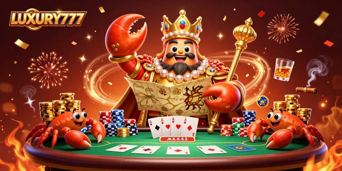 LUXURY777 menghadirkan papan poker dengan karakter kepiting emas raksasa bermahkotakan permata dan penjaga kepiting hermit, dikelilingi oleh tumpukan chip emas.