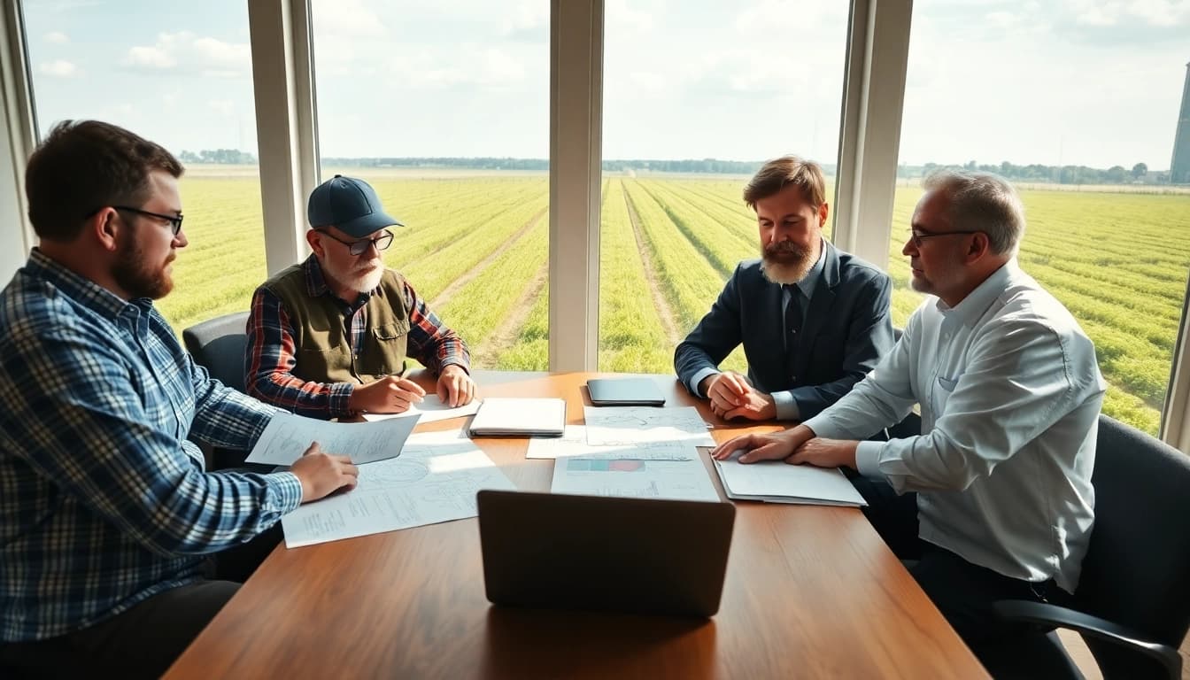 Discussing agriculture law in a professional setting with farmers and lawyers.