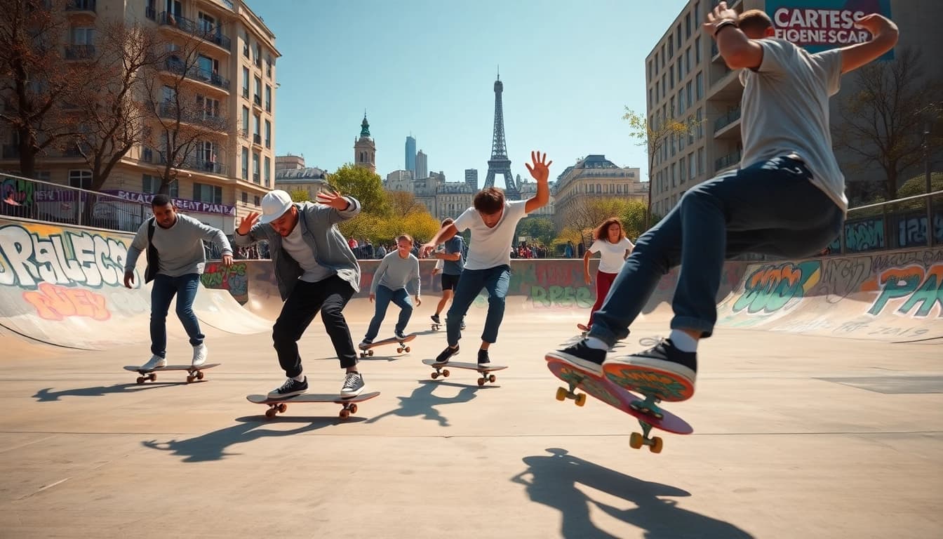Engaging action of skateboarders at Stage de skate paris in a vibrant urban setting.