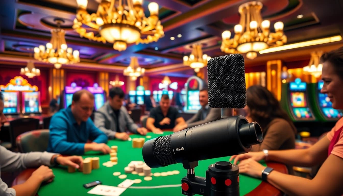 Players enjoy a poker game while capturing the moment with MV 88 microphones at a vibrant casino.