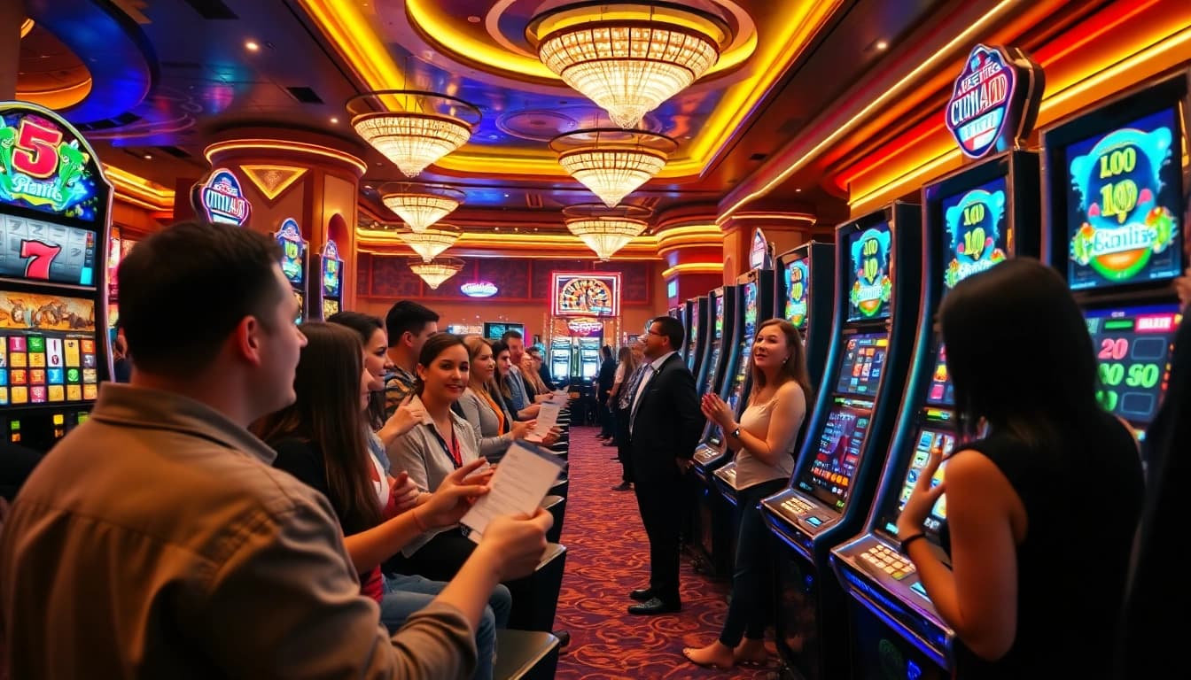 Para pemain menikmati sensasi mesin slot UTAMA4D dengan visual kasino yang berwarna-warni dan tiket taruhan.