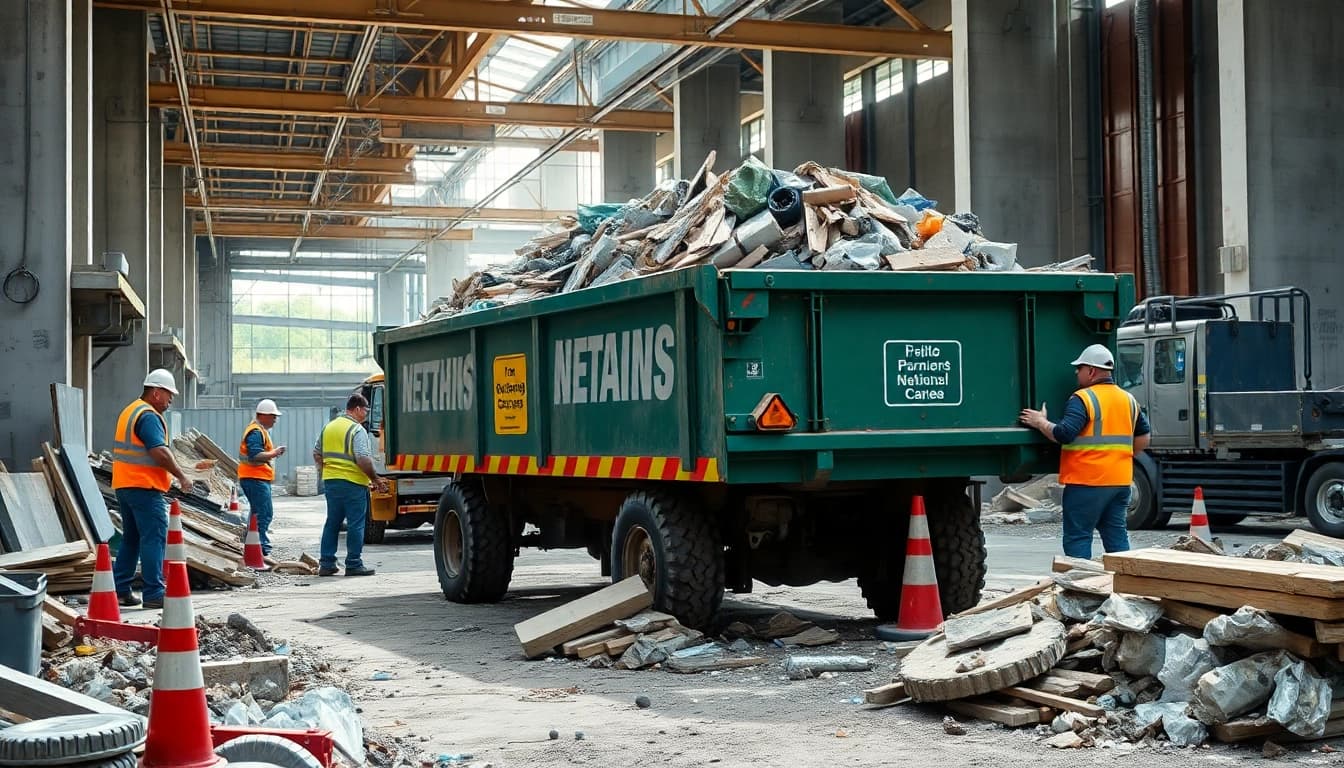 Efficient skip hire service managing waste in a bustling construction site.