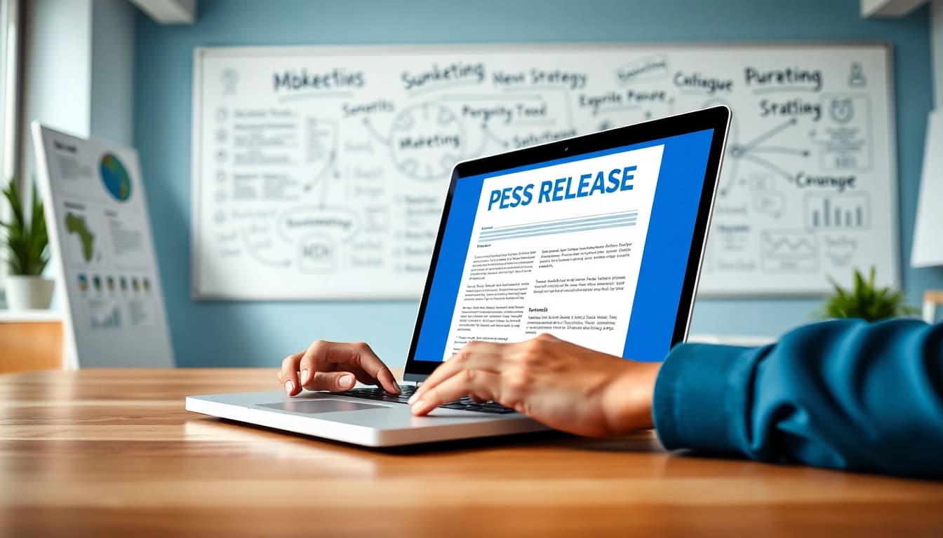 Engaging press release submission in a professional workspace on a laptop screen.