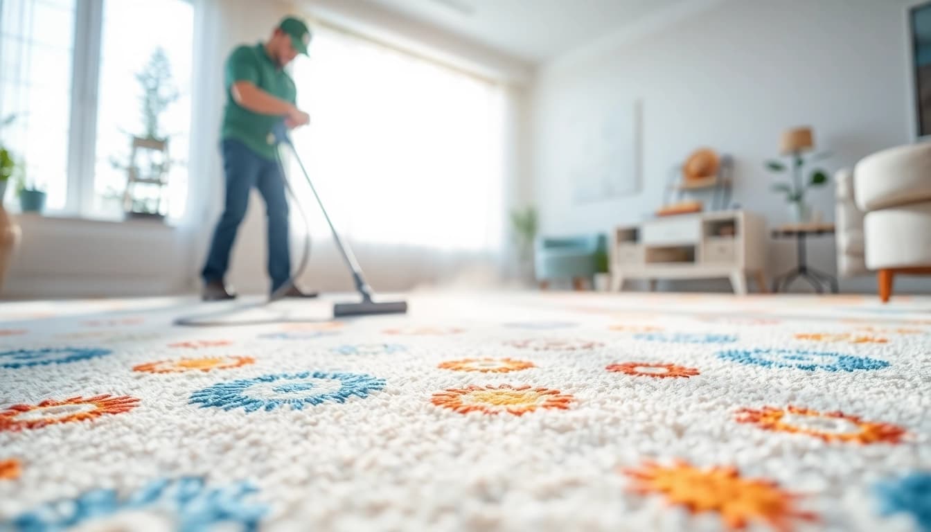 Carpet cleaning specials showcased in a bright living room with a professional technician.