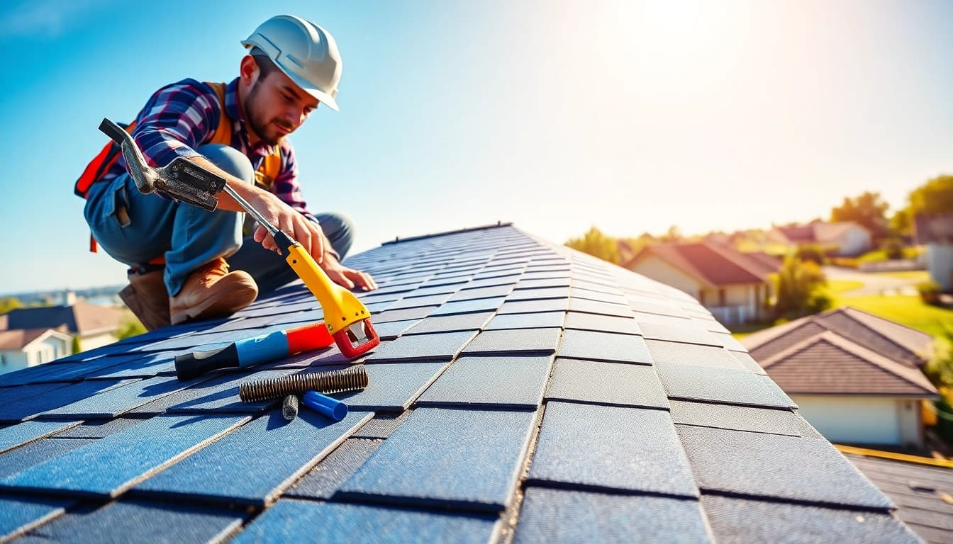 Roof repair expert performing work on a residential roof with new shingles.