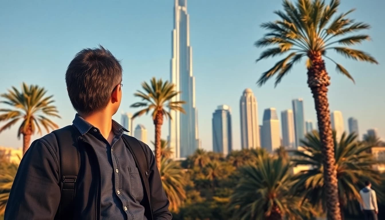 Engaging private dubai city tour with lively tour guide amidst iconic Dubai skyline.