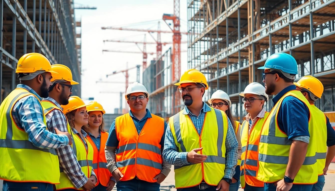 Construction safety programs illustrated through professionals discussing safety protocols on-site.