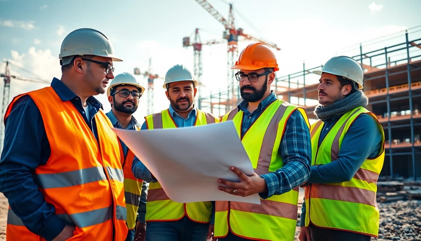 Construction career collaboration among workers at a busy building site.