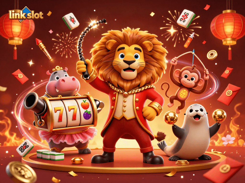 Engage with the vibrant link slot illustration showcasing a circus theme blended with slot reels and festive elements.