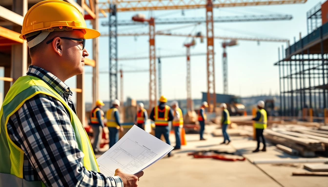 New Jersey Construction Manager overseeing a bustling construction site with workers collaborating.