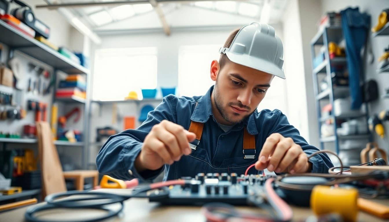 Electrical apprenticeship in action: a focused apprentice working on wiring in a bright workshop.